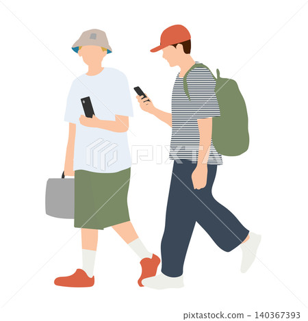 An illustration of two young people walking while looking at their smartphones. An illustration of two young people walking while looking at their smartphones. 140367393