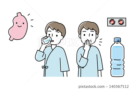 插圖描繪了一名身穿醫用長袍的男子準備接受胃部X光檢查。 插圖描繪了一名身穿醫用長袍的男子準備接受胃部X光檢查。 140367512