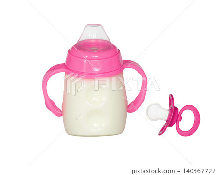 pink pacifier for girl and baby bottle with milk for feeding child isolated on white background pink pacifier for girl and baby bottle with milk for feeding child isolated on white background 140367722