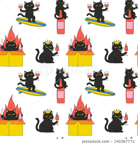 Humorous Cat Illustration Pattern with Wine Glasses Humorous Cat Illustration Pattern with Wine Glasses 140367772