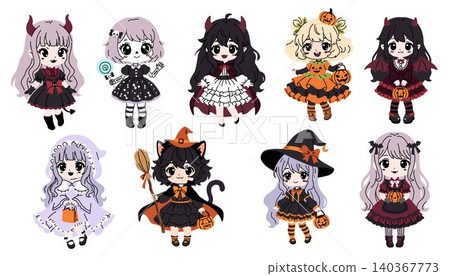 Chibi Girls in Halloween Costumes Collection 140367773