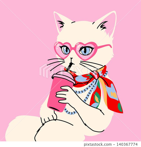 Fancy Cat with Heart Sunglasses Illustration Fancy Cat with Heart Sunglasses Illustration 140367774