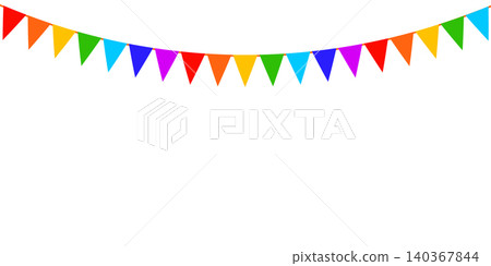 Rainbow party bunting flags garland isolated on transparent background. Copy space. Perfect for any festive event, as well as for website headers and invitations. PNG. Vector Rainbow party bunting flags garland isolated on transparent background. Copy space. Perfect for any festive event, as well as for website headers and invitations. PNG. Vector 140367844
