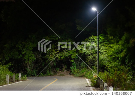 Quiet curved road illuminated by bright streetlight beside dense green trees creating peaceful nighttime landscape rural transportation infrastructure Quiet curved road illuminated by bright streetlight beside dense green trees creating peaceful nighttime landscape rural transportation infrastructure 140368007