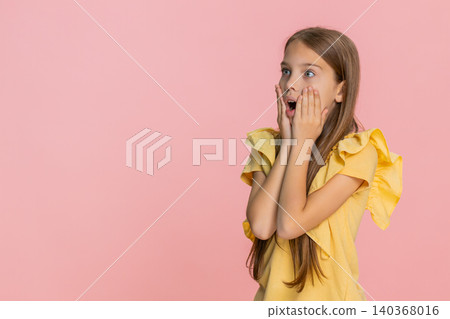 Child girl kid expressing surprise with open mouth and hands on cheeks in wow reaction pose Child girl kid expressing surprise with open mouth and hands on cheeks in wow reaction pose 140368016