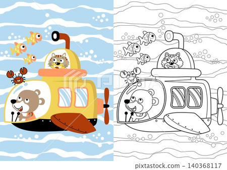 Funny bear with tiger in submarine undersea with marine animals, vector cartoon, coloring page or book Funny bear with tiger in submarine undersea with marine animals, vector cartoon, coloring page or book 140368117