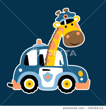 Cute giraffe on police car, vector cartoon illustration Cute giraffe on police car, vector cartoon illustration 140368121