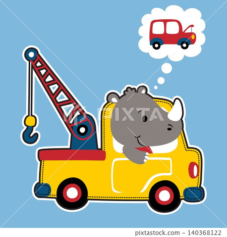 Cute rhino driving tow truck with broken car, vector cartoon illustration Cute rhino driving tow truck with broken car, vector cartoon illustration 140368122