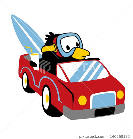 Cute penguin wearing diving goggles with surfboard on a car, vector cartoon illustration Cute penguin wearing diving goggles with surfboard on a car, vector cartoon illustration 140368123