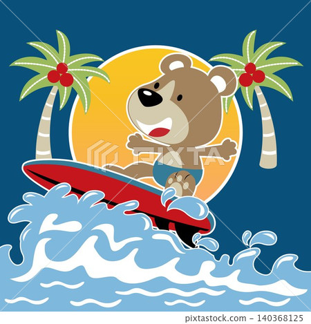 Funny bear surfing on palm tree background, vector cartoon illustration 140368125