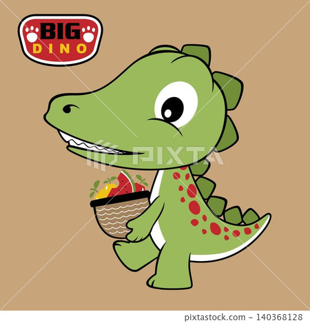 vector cartoon of cute dinosaur brings fruits with basket vector cartoon of cute dinosaur brings fruits with basket 140368128