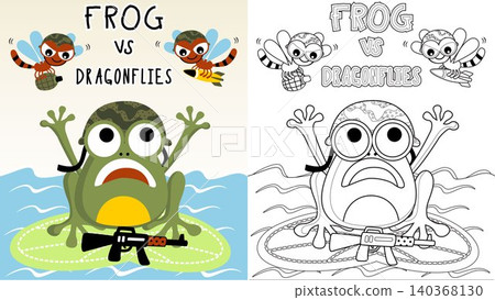 funny war of frog versus dragonflies, vector cartoon illustration, coloring page or book funny war of frog versus dragonflies, vector cartoon illustration, coloring page or book 140368130