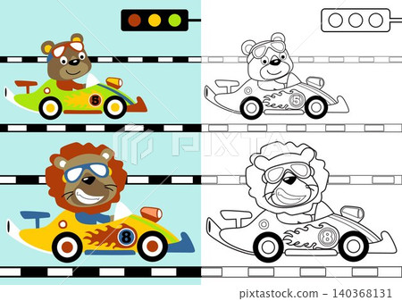 vector cartoon of funny bear with lion on racing car, coloring page or book 140368131