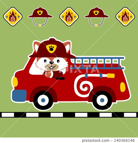 Cute fox driving firetruck with fire engine elements, vector cartoon illustration Cute fox driving firetruck with fire engine elements, vector cartoon illustration 140368146