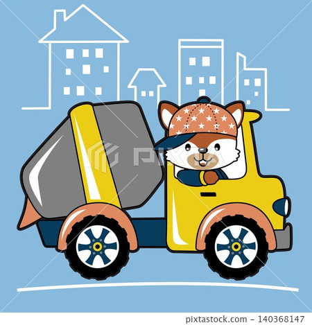 Funny fox driving mixer truck on buildings background, vector cartoon illustration Funny fox driving mixer truck on buildings background, vector cartoon illustration 140368147
