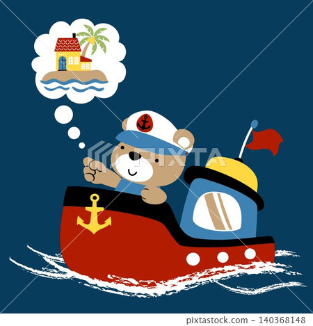 Cute bear in sailor costume on little boat going home, vector cartoon illustration Cute bear in sailor costume on little boat going home, vector cartoon illustration 140368148
