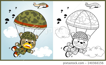 funny bear soldier skydiving, vector cartoon illustration, coloring book or page funny bear soldier skydiving, vector cartoon illustration, coloring book or page 140368156