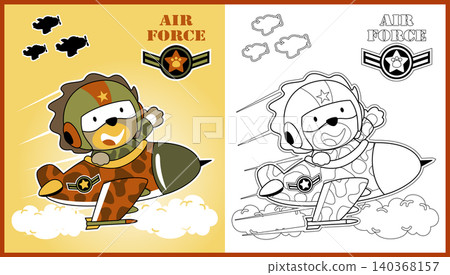 funny lion pilot on jet plane, vector cartoon illustration, coloring book or page funny lion pilot on jet plane, vector cartoon illustration, coloring book or page 140368157