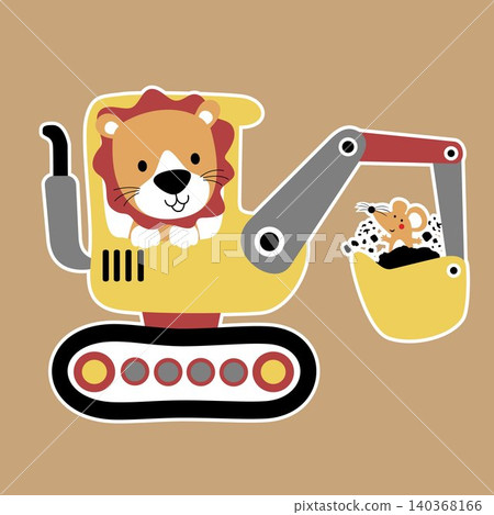 funny lion with mice on construction vehicle, vector cartoon illustration funny lion with mice on construction vehicle, vector cartoon illustration 140368166