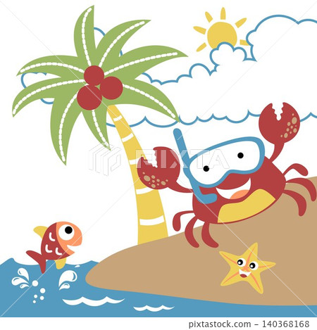 Funny crab wearing diving goggles with starfish and fish in the beach at summer, vector cartoon illustration 140368168