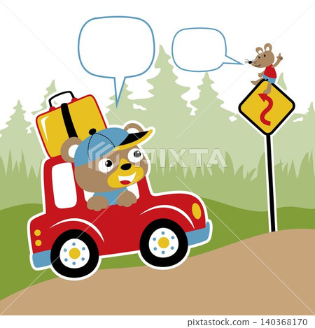 Funny bear on red car with mice on road sign, vector cartoon illustration 140368170