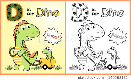 Funny dinosaur pulling its cub with cart, vector cartoon illustration, coloring page or book Funny dinosaur pulling its cub with cart, vector cartoon illustration, coloring page or book 140368181