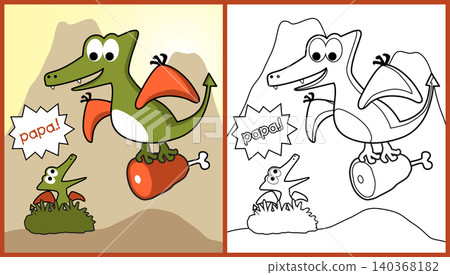 Funny dinosaur carrying meat for its cub in nest on volcanoes background, vector cartoon illustration, coloring page or book Funny dinosaur carrying meat for its cub in nest on volcanoes background, vector cartoon illustration, coloring page or book 140368182