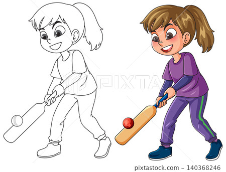 Young Girl Playing Cricket Vector Illustration in Color and Line Art 140368246