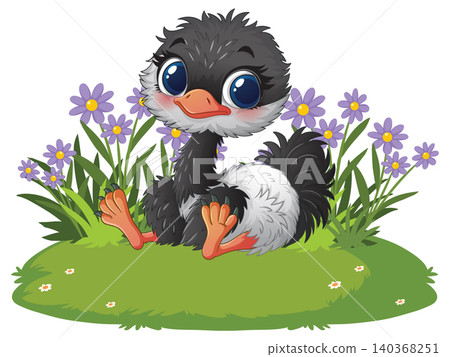 Cute Cartoon Baby Ostrich Sitting in a Field of Purple Flowers Cute Cartoon Baby Ostrich Sitting in a Field of Purple Flowers 140368251