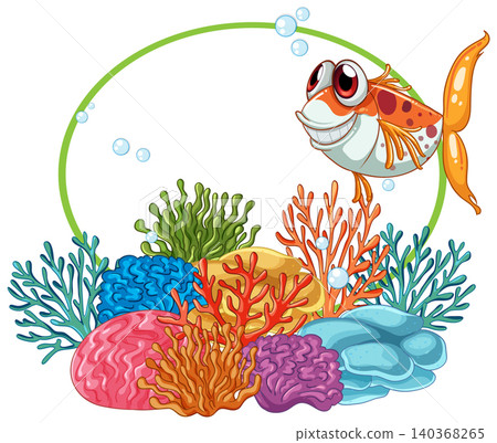 Cartoon Fish Swimming Near Colorful Coral Reef With Oval Frame 140368265