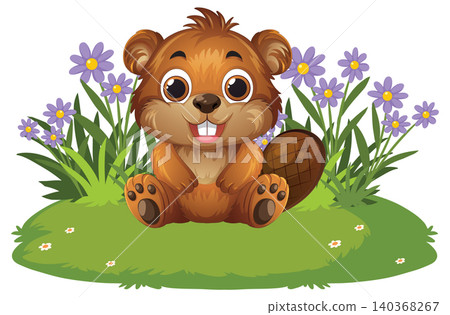 Cute Cartoon Beaver Sitting in a Grassy Field with Purple Flowers 140368267