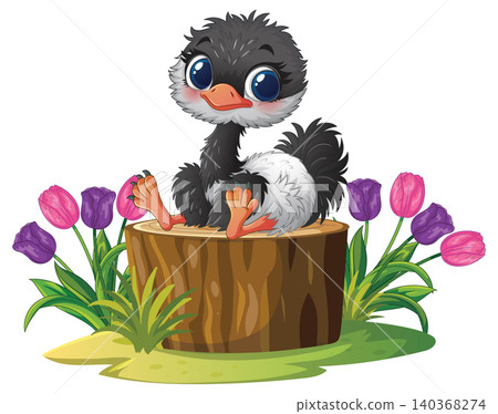 Cute Cartoon Baby Ostrich Sitting on a Tree Stump with Tulips 140368274