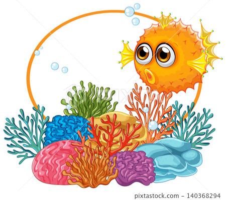 Cartoon Puffer Fish Swimming Near Colorful Coral Reef With Circular Frame 140368294