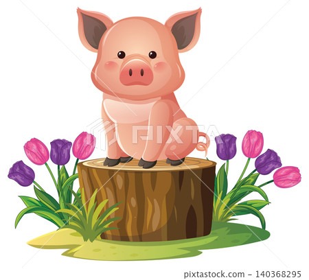 Cute Pink Pig Sitting on a Tree Stump with Spring Tulips Cute Pink Pig Sitting on a Tree Stump with Spring Tulips 140368295