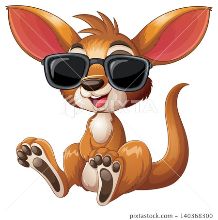 Cute Cartoon Baby Kangaroo Wearing Sunglasses Sitting on White Background Cute Cartoon Baby Kangaroo Wearing Sunglasses Sitting on White Background 140368300
