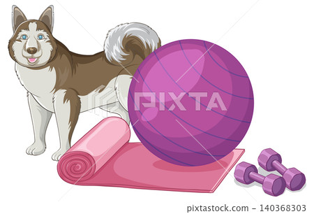 Husky Dog Standing Next to Fitness Equipment and Yoga Mat Husky Dog Standing Next to Fitness Equipment and Yoga Mat 140368303