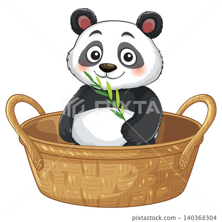Cute Cartoon Giant Panda Sitting in a Woven Wicker Basket Cute Cartoon Giant Panda Sitting in a Woven Wicker Basket 140368304