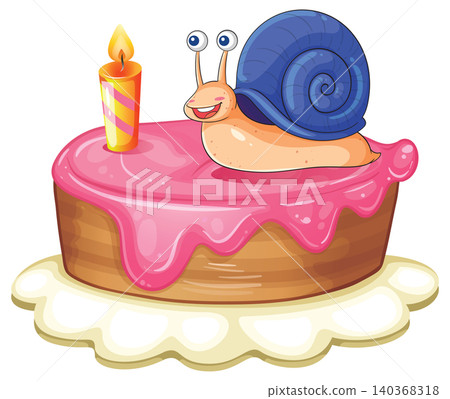 Cartoon Snail Sitting on Pink Frosted Birthday Cake with Candle Cartoon Snail Sitting on Pink Frosted Birthday Cake with Candle 140368318