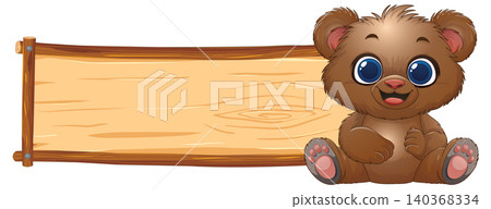 Cute Cartoon Baby Bear Sitting Next to Blank Wooden Sign Cute Cartoon Baby Bear Sitting Next to Blank Wooden Sign 140368334