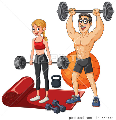 Cartoon Man and Woman Lifting Barbells with Gym Equipment Illustration Cartoon Man and Woman Lifting Barbells with Gym Equipment Illustration 140368338