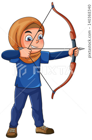 Cartoon Illustration of a Young Muslim Girl Aiming a Bow and Arrow Cartoon Illustration of a Young Muslim Girl Aiming a Bow and Arrow 140368340