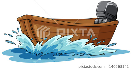 Wooden Motorboat Speeding Across Splashing Blue Water 140368341