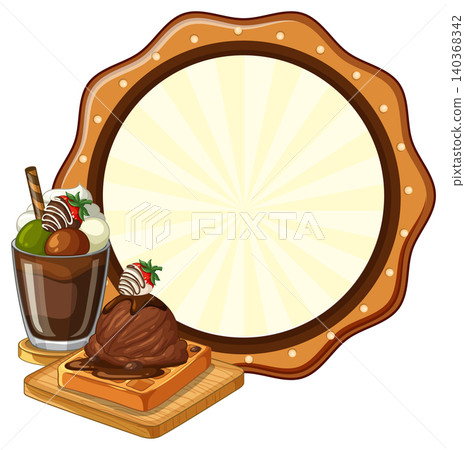 Chocolate Ice Cream Waffle and Sundae with Blank Circular Signboard Chocolate Ice Cream Waffle and Sundae with Blank Circular Signboard 140368342