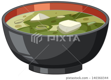 Traditional Japanese Miso Soup with Tofu and Seaweed in a Black Bowl Traditional Japanese Miso Soup with Tofu and Seaweed in a Black Bowl 140368344