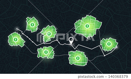 EV charging network map showing green power zones and navigation route on dark street background. Vector illustration. EV charging network map showing green power zones and navigation route on dark street background. Vector illustration. 140368379