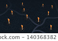 Isometric city map with orange exclamation mark pins for traffic alerts and notifications. Dark urban street plan background with warning signals. Vector illustration. 140368382