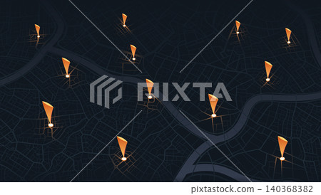 Isometric city map with orange exclamation mark pins for traffic alerts and notifications. Dark urban street plan background with warning signals. Vector illustration. Isometric city map with orange exclamation mark pins for traffic alerts and notifications. Dark urban street plan background with warning signals. Vector illustration. 140368382