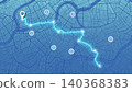 City map with electric vehicle charging stations and glowing navigation route. Vector illustration. 140368383
