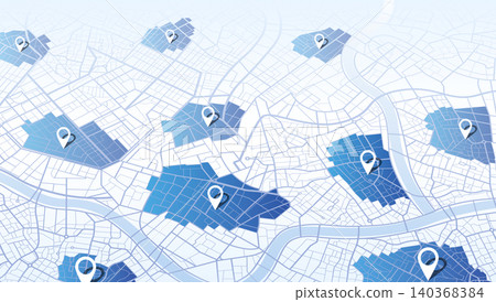 Isometric city map with highlighted districts and location pins. Global positioning system concept background. Vector illustration. Isometric city map with highlighted districts and location pins. Global positioning system concept background. Vector illustration. 140368384