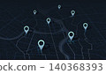Isometric city map with navigation pins and route lines on dark background. Vector illustration. 140368393